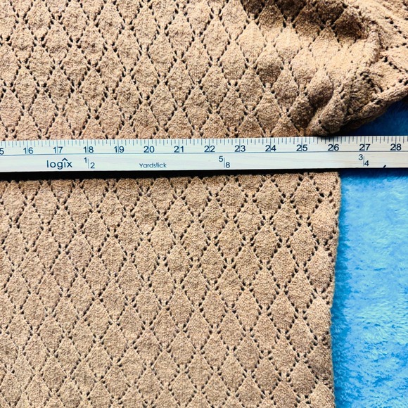 Wonderly Camel Brown Diamond Pointelle Mock Neck Lantern Sleeve Knit Sweater - Picture 8 of 13